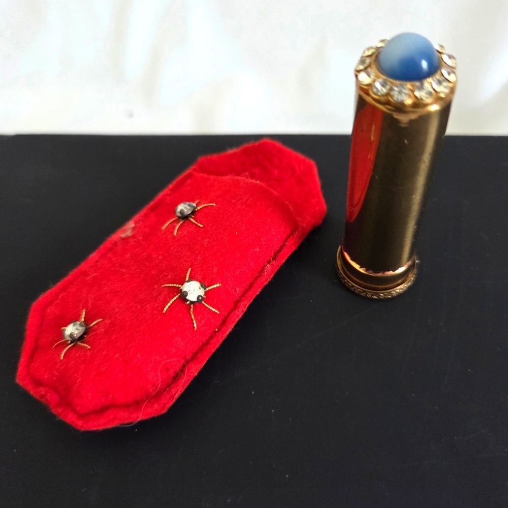 Vintage Helen Neushaefer Jewel Stick Lipstick Case Gold Tone Blue Faux Sapphire